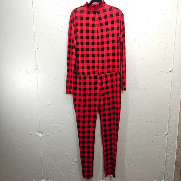 Unbranded Red Black Buffalo Checkered Plaid Mock Neck Jumpsuit - Picture 1 of 6